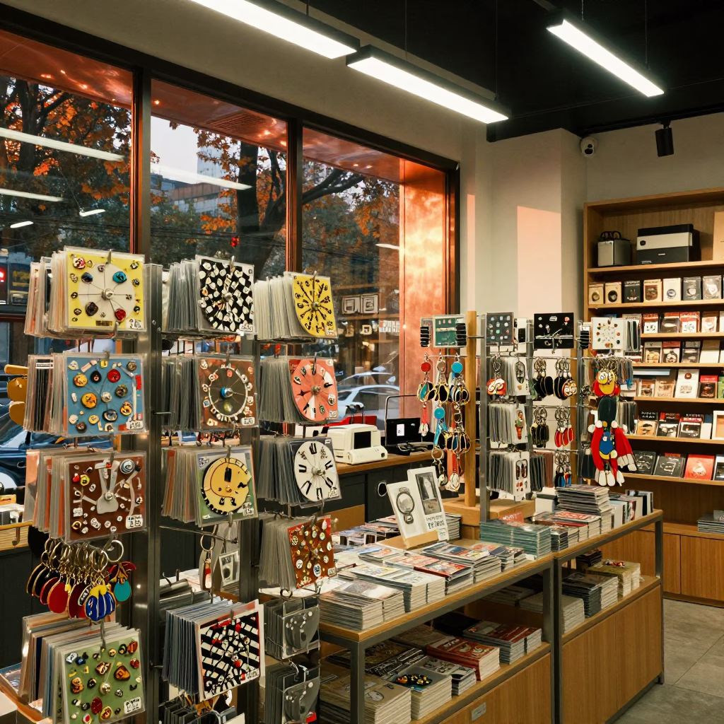Autumn Postcard Spinner and Glass Pins in Chongqing Shop in inside a storefront prepared for opening near Chongqing