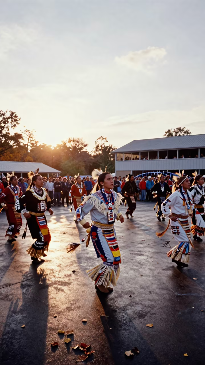 Autumn Pow Wow Dance at Sunset in Memphis Hall in in a ceremonial hall near Memphis