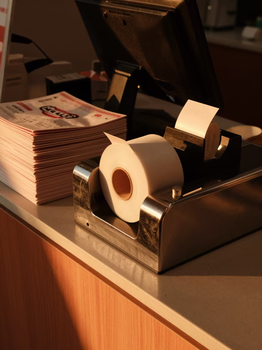 Autumn Queue Ticket Holder on Tianjin Counter in at a cash wrap counter with bags stacked nearby in Tianjin