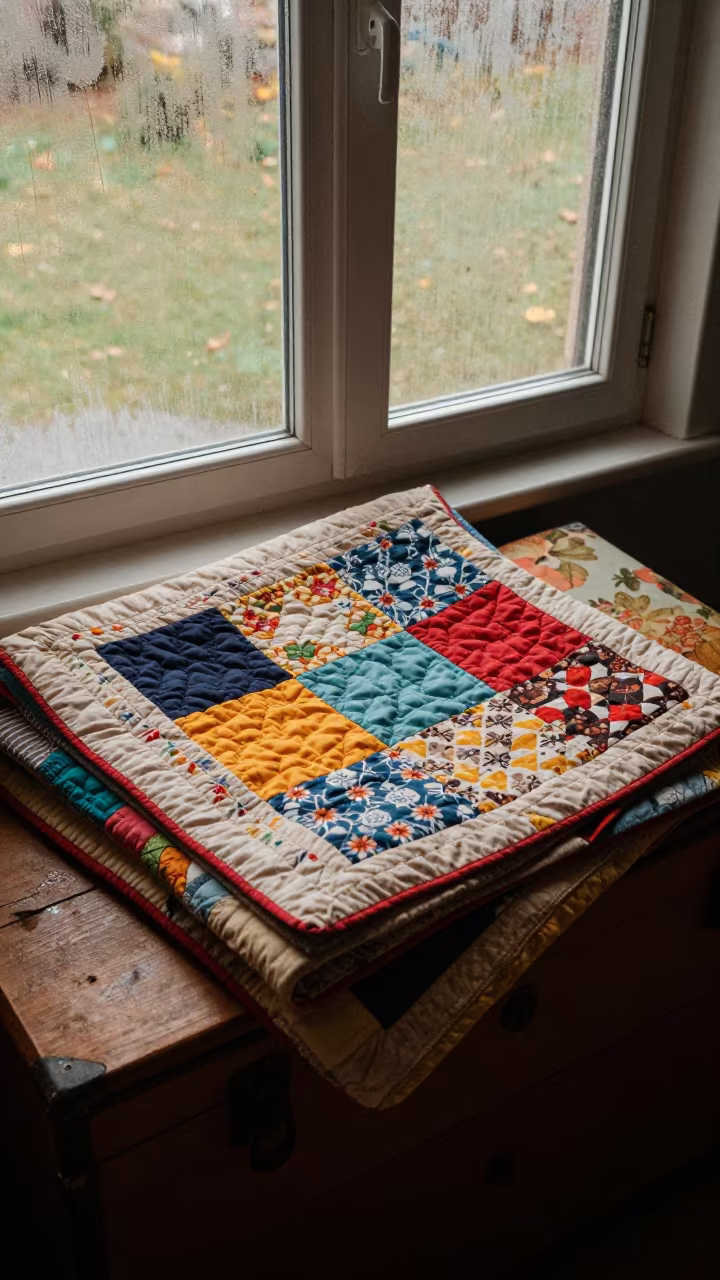 Autumn Quilt on Cedar Chest in Monza Nook in on a reading nook cushion near Monza