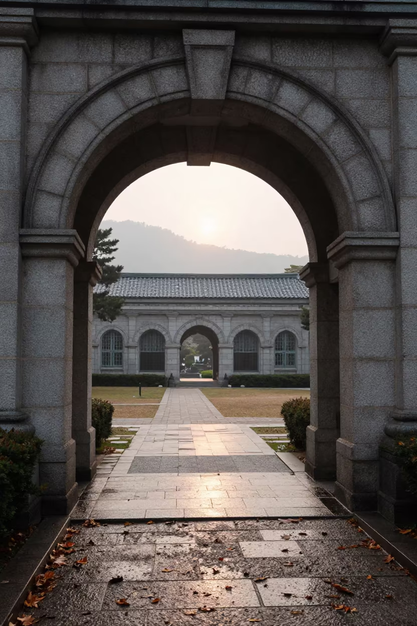 Autumn Rain Cloister Walkway Busan University in across a rain-washed campus courtyard in Busan