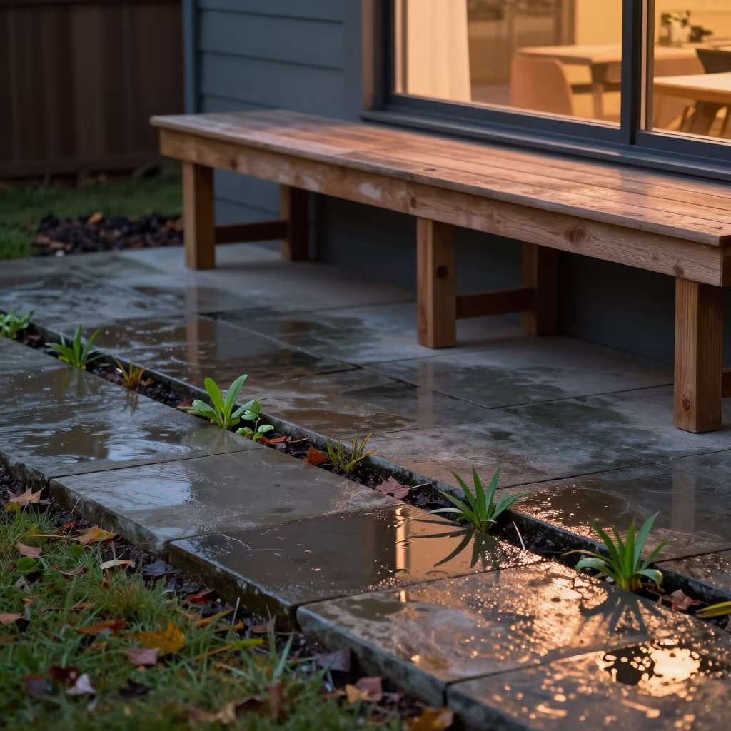 Autumn Rain Pools on Stone Patio Shoots in on a wooden workbench in Multan