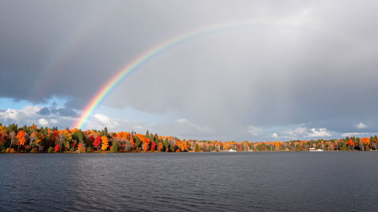 Autumn Rainbow Over Ontario Storm Lake in over a horizon of stacked thunderheads in Ontario