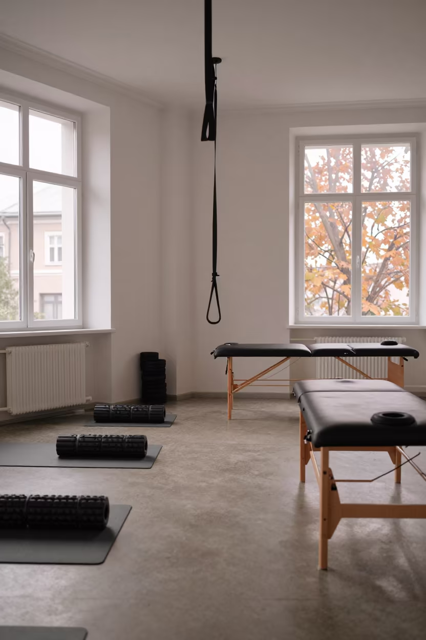 Autumn Recovery Lounge Stretch Strap Morning in inside a recovery lounge beside foam rollers near Ljubljana