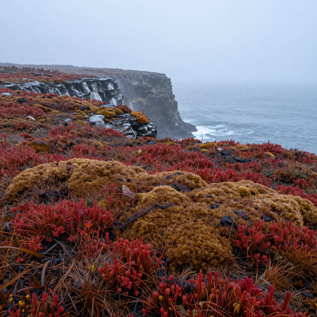 Autumn Red Moss Bog on Antigua Cliff Edge in along a salt-sprayed cliff edge near Antigua