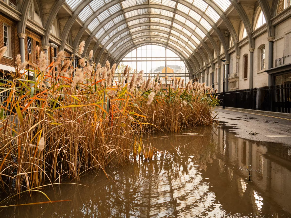 Autumn Reeds Flooded London Atrium Golden Hour in inside a vaulted atrium in London