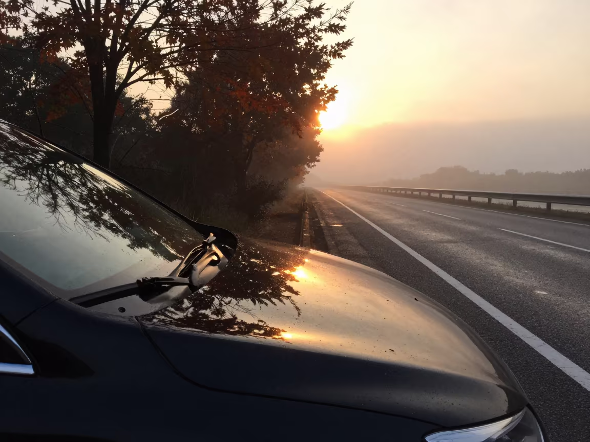 Autumn Reflection on Car Hood at Sunset in on a wind-open causeway near Nagoya