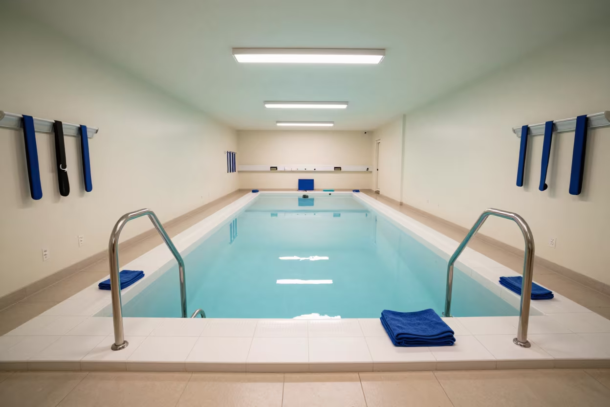 Autumn Rehab Pool with Lift Rails and Towels in inside a recovery area with treatment stations aligned in Tanta