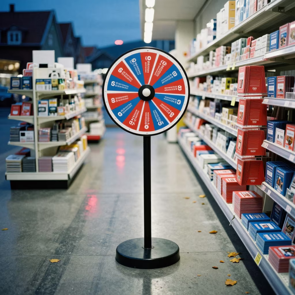 Autumn Retail Spinner at Twilight Dusk in inside a bright retail aisle in Stavanger