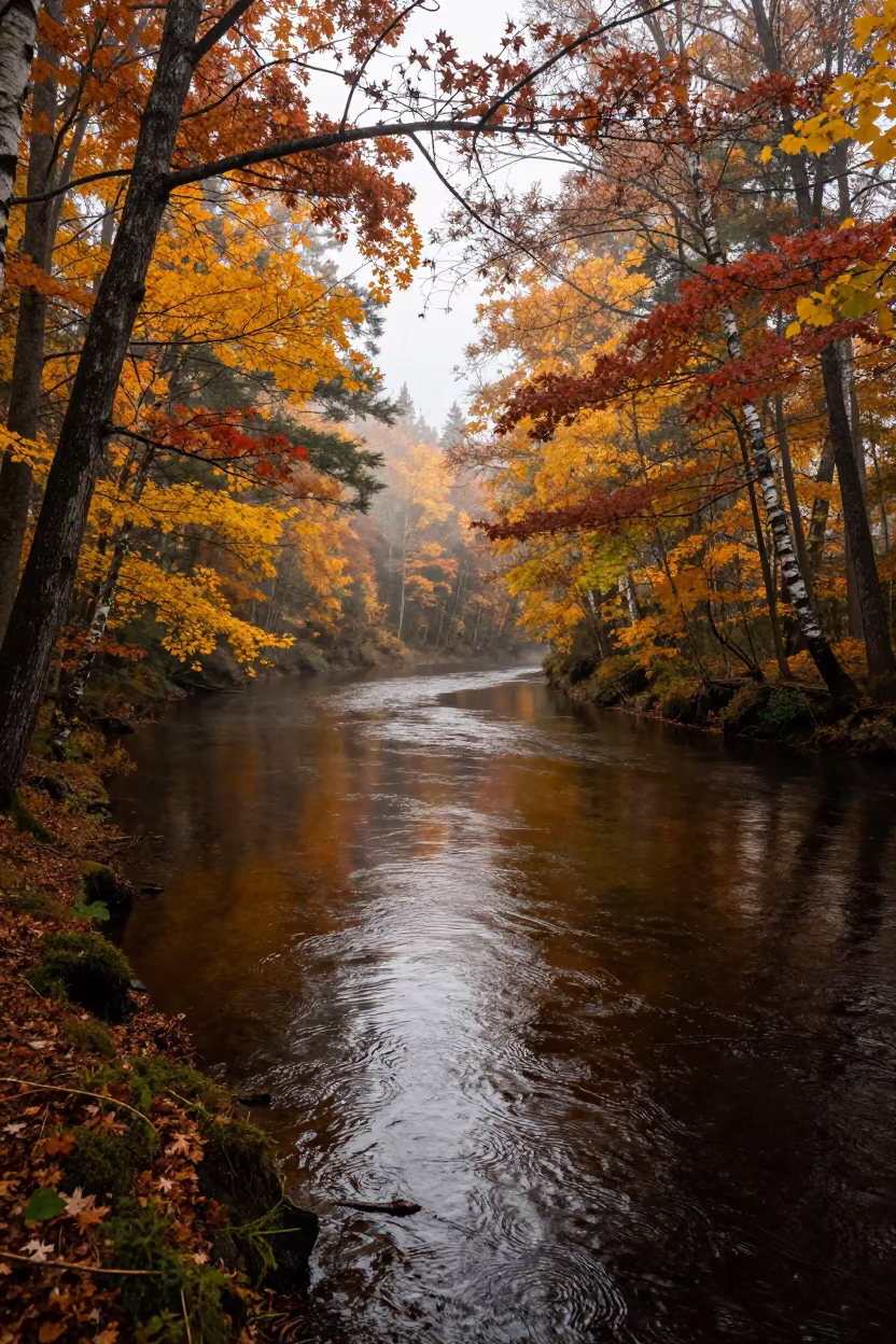 Autumn River Bend Reflected in Ontario Forest in in Ontario