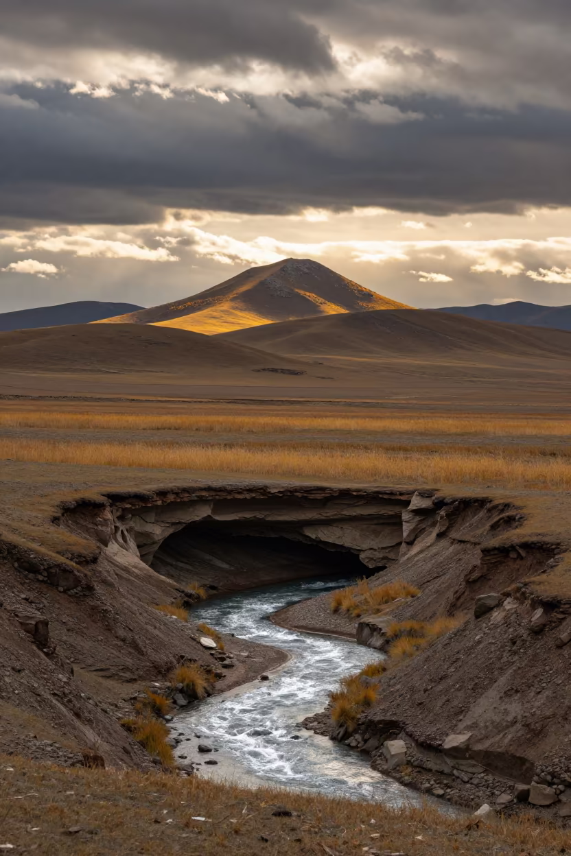 Autumn River Flowing from Cave Mouth Mongolia in from a ridge above layered foothills in Mongolia