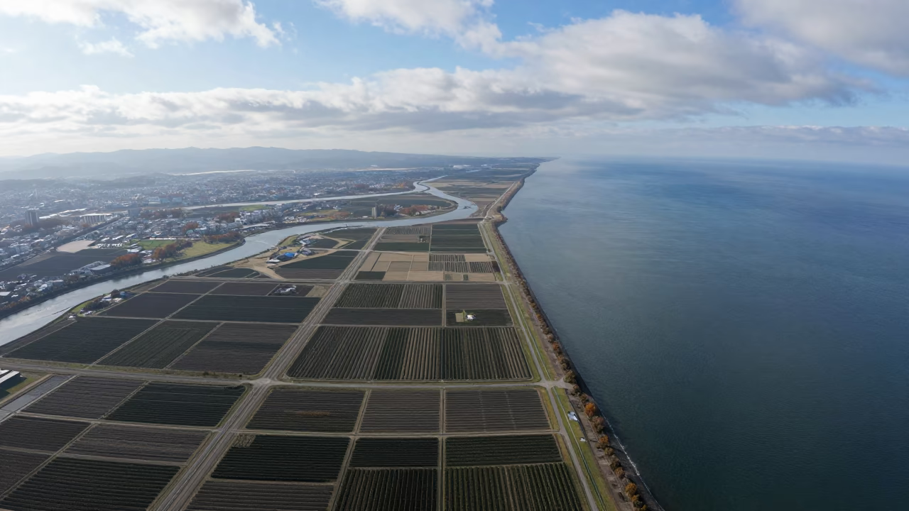 Autumn River Delta Branching into Sea Near Fukuoka in far above orchard blocks and irrigation lines near Fukuoka