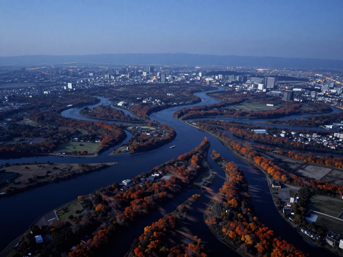 Autumn River Delta Yokohama City Lights in across a wide valley floor near Yokohama