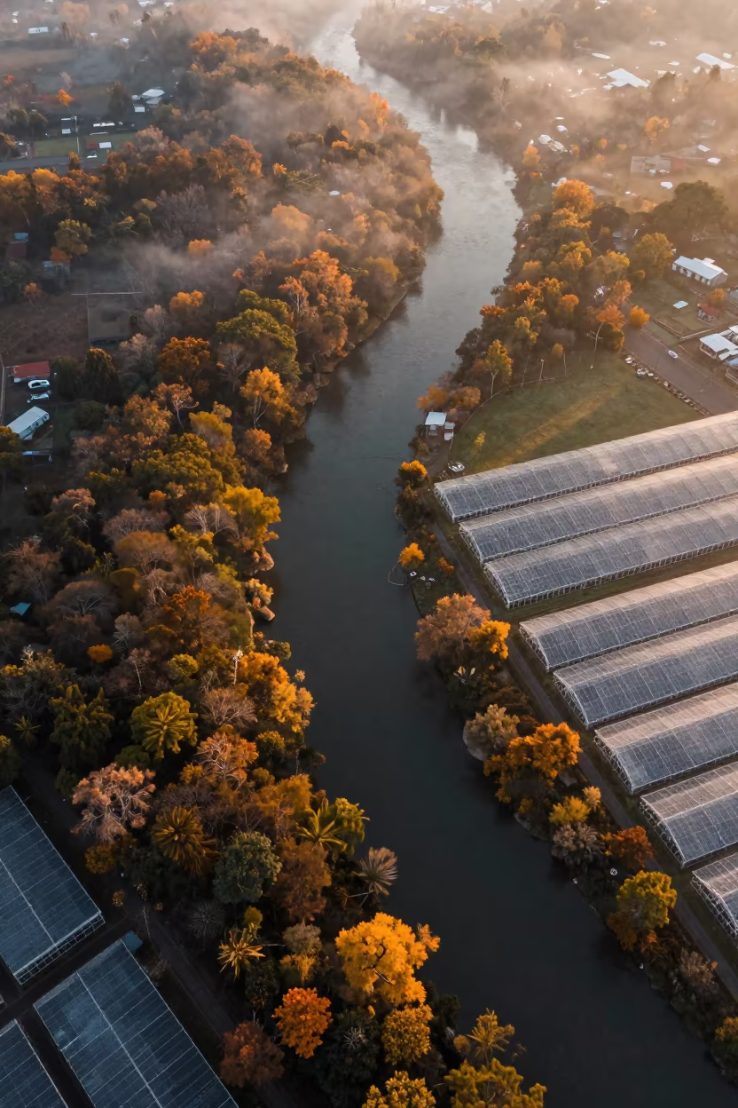 Autumn River Mist Over Greenhouse Grids Coatzacoalcos in high over greenhouse grids near Coatzacoalcos