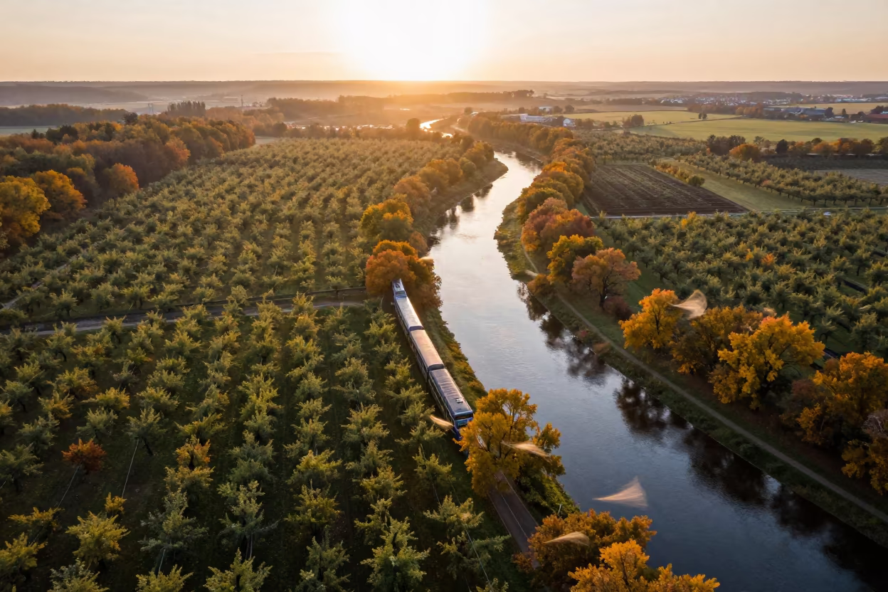 Autumn River Surreal Train Car Aerial View in far above orchard blocks and irrigation lines in Poland