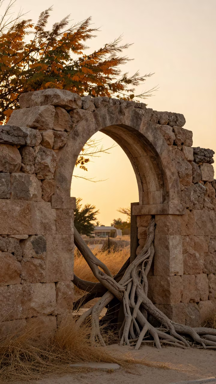 Autumn Roots Splitting Stone Arch Abu Dhabi Ruin in beneath a broken stone arch near Abu Dhabi