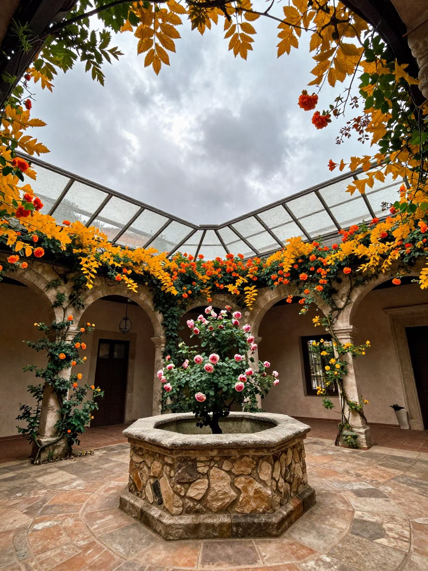 Autumn Roses Climbing Stone Well in Glass Arcade in inside a glass-roofed arcade in Baia Mare