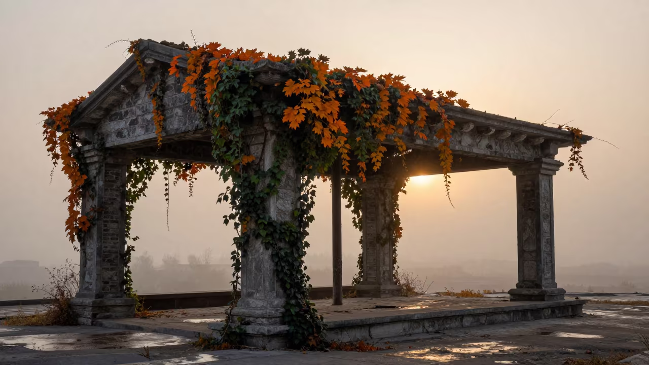 Autumn Ruin Canopy Under Foggy Kashmir Sunset in beside ivy-draped masonry in Kashmir