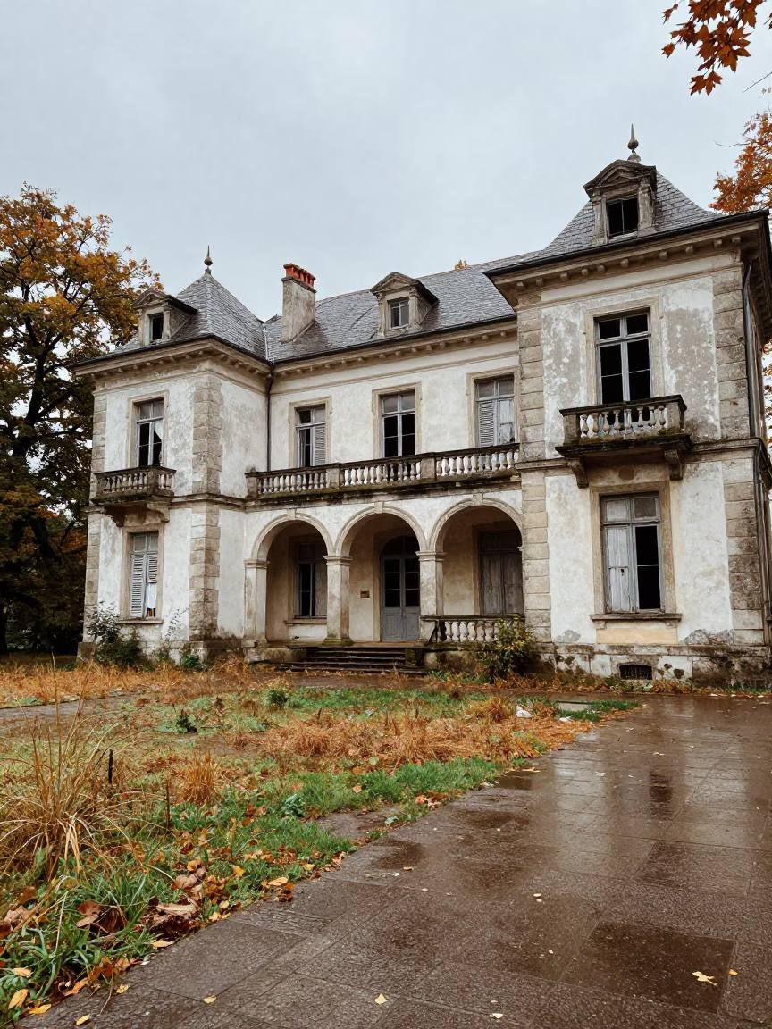 Autumn Ruin Colonial Mansion Luxembourg Courtyard in through a courtyard reclaimed by grasses in Luxembourg