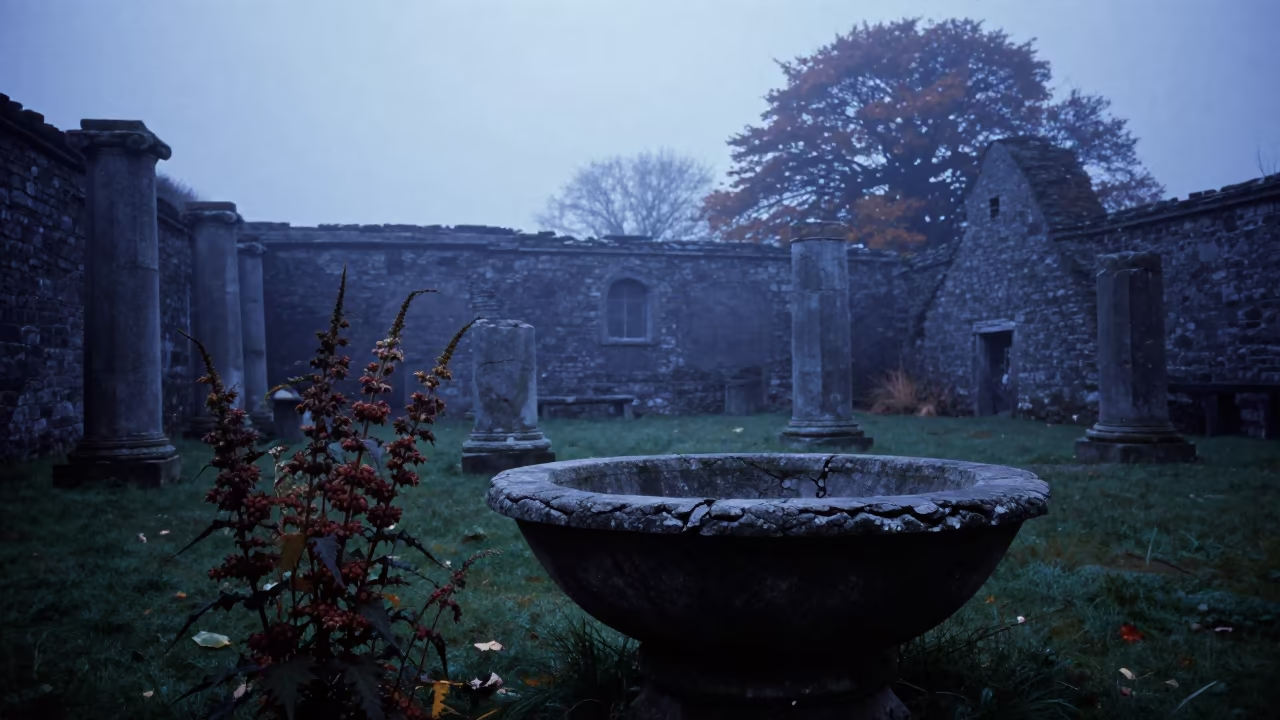 Autumn Ruin Courtyard Mist Silhouette Basin in among toppled columns and nettles in Cornwall