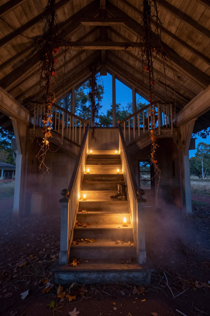 Autumn Ruin Staircase in Foggy Outback Manor in inside a roofless nave in the Outback