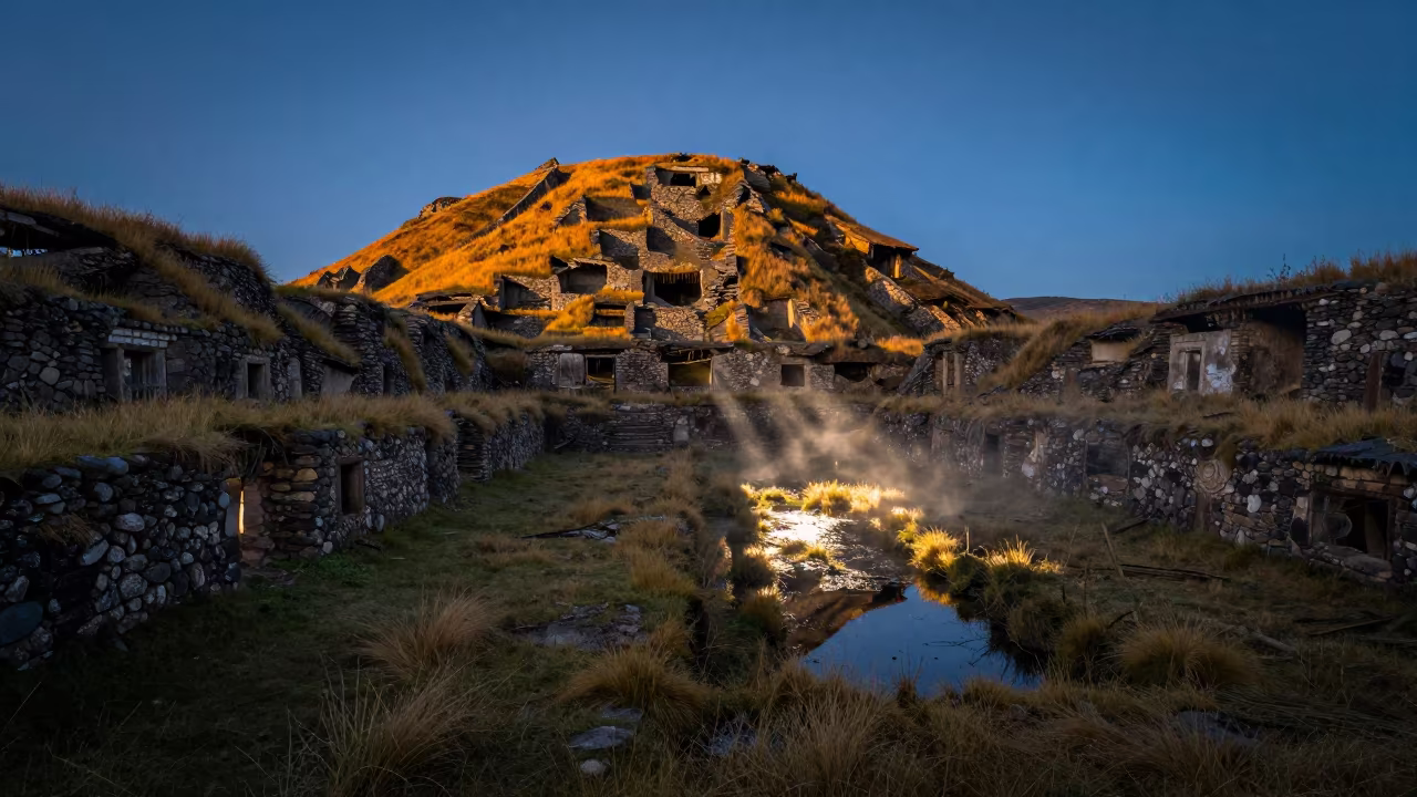 Autumn Ruins in Blue Light Over Empty Valley in through a courtyard reclaimed by grasses in Peru