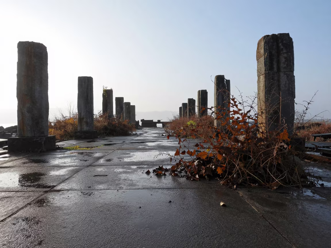 Autumn Ruins in Early Morning Drizzle in among toppled columns and nettles near Masan