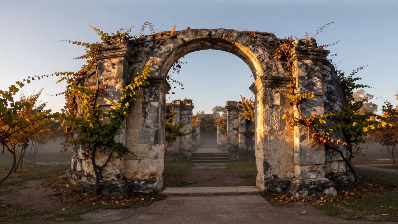 Autumn Ruins Under Stone Arch at Dawn in beneath a broken stone arch in Mexico