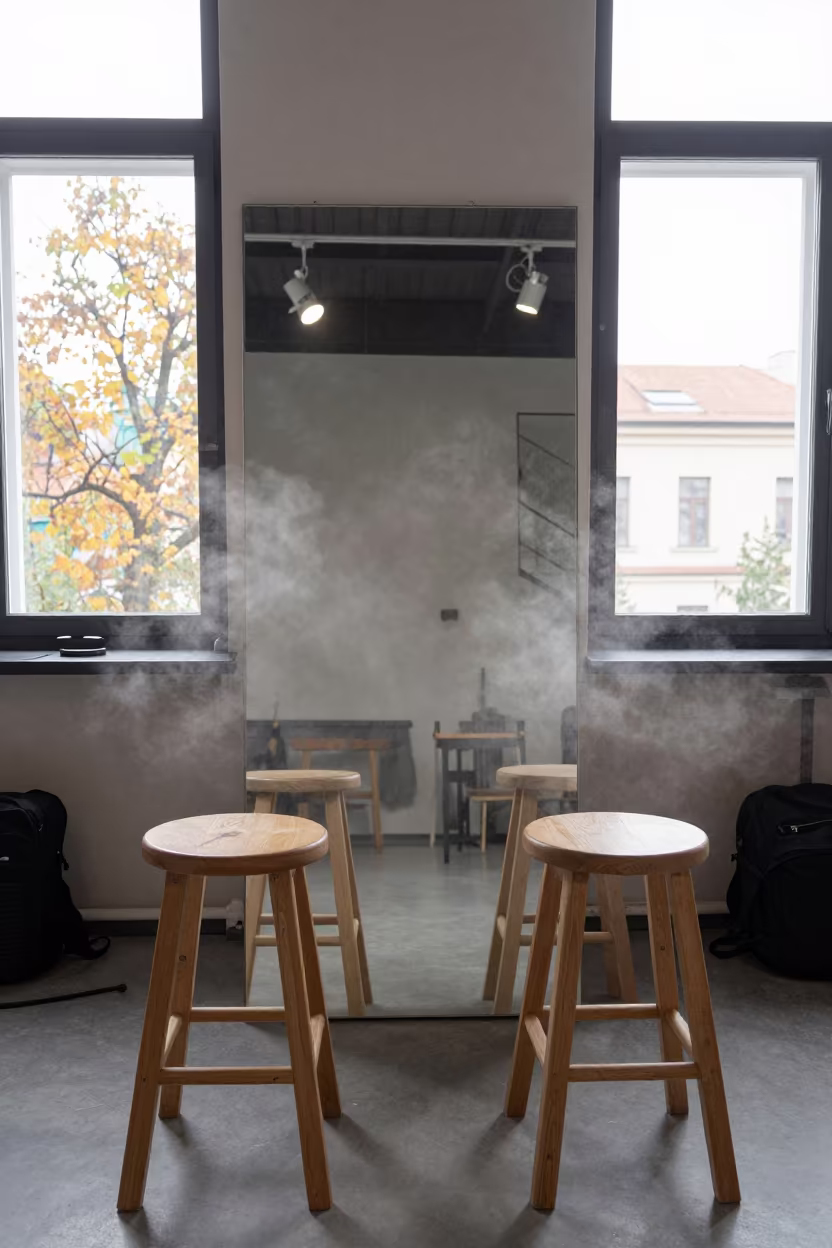 Autumn Runway Stool Mirror Hairspray Haze Torun in under runway rehearsal lights near Torun