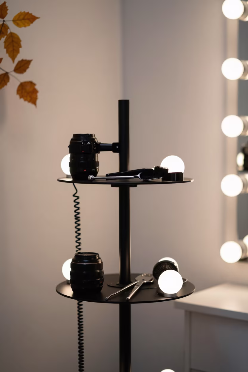 Autumn Salon Tripod Shelf Before First Service in at a barber station beneath mirror bulbs in Kutaisi