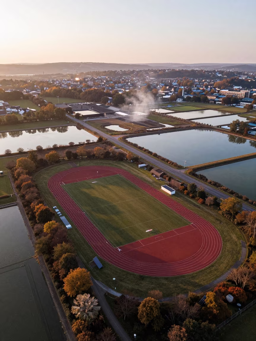 Autumn Salt Ponds and Track Complex Aerial View in high over salt ponds and causeways in Luxembourg