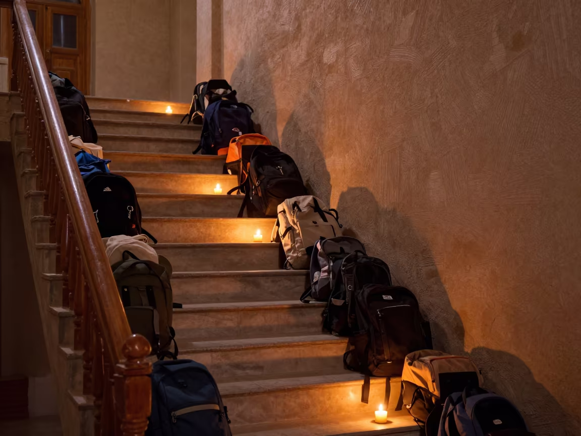 Autumn School Staircase Landing with Coats in in a school laboratory near Khiva