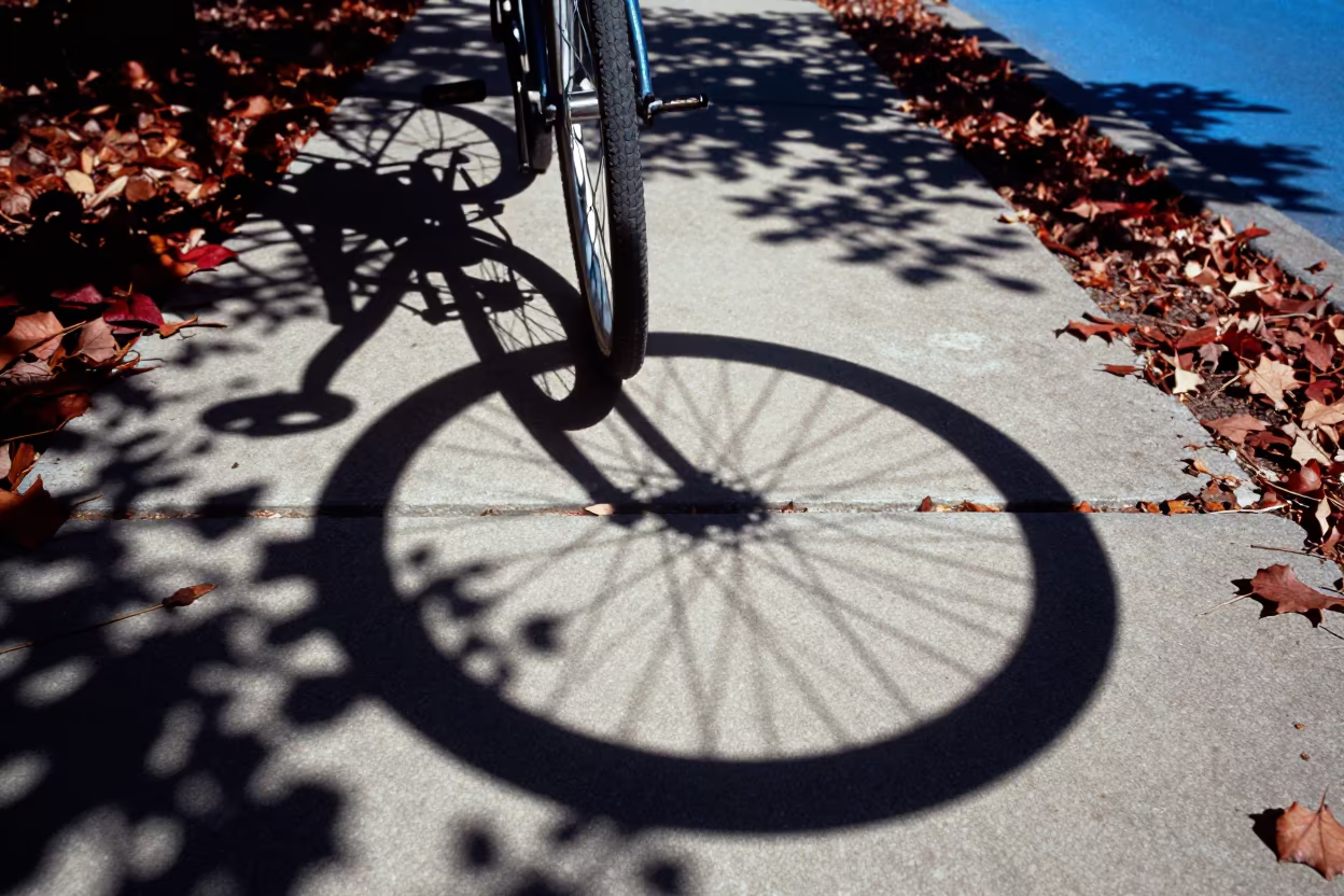 Autumn Shadow Play Bicycle Wheel Spokes Sidewalk in on a wind-open causeway in Utah