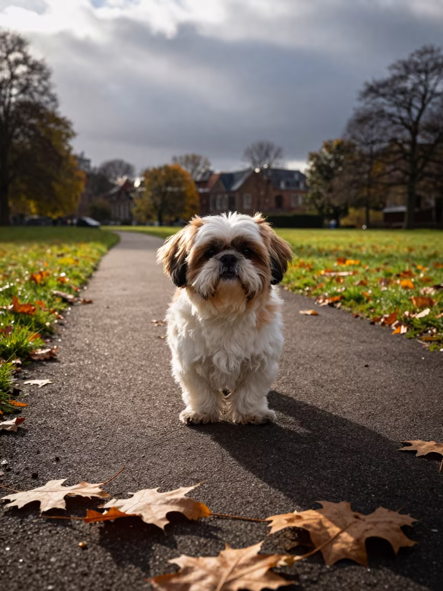 Autumn Shih Tzu Portrait in Arnhem Park in in a small yard with clipped grass, calm light, and the animal centered in frame in Arnhem