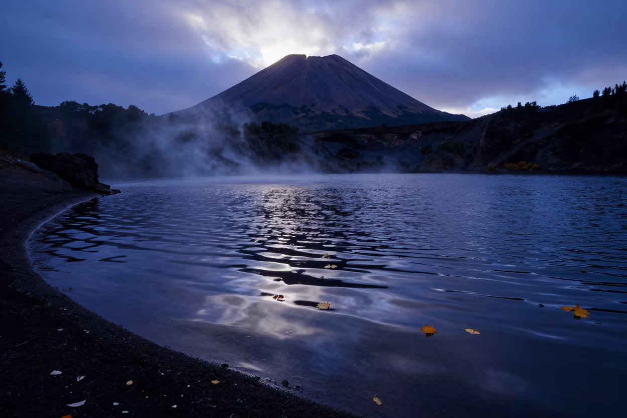Autumn Silhouette of Chilean Volcanic Crater Lake in along a wave-cut shoreline in Chile