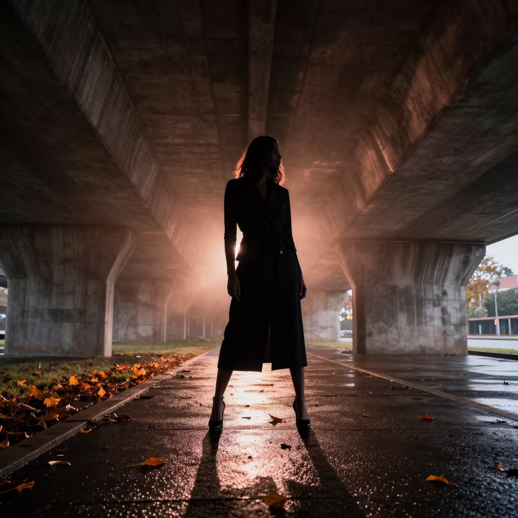 Autumn Silhouette in Windswept Concrete Underpass in on a rain-darkened city sidewalk near Lobamba