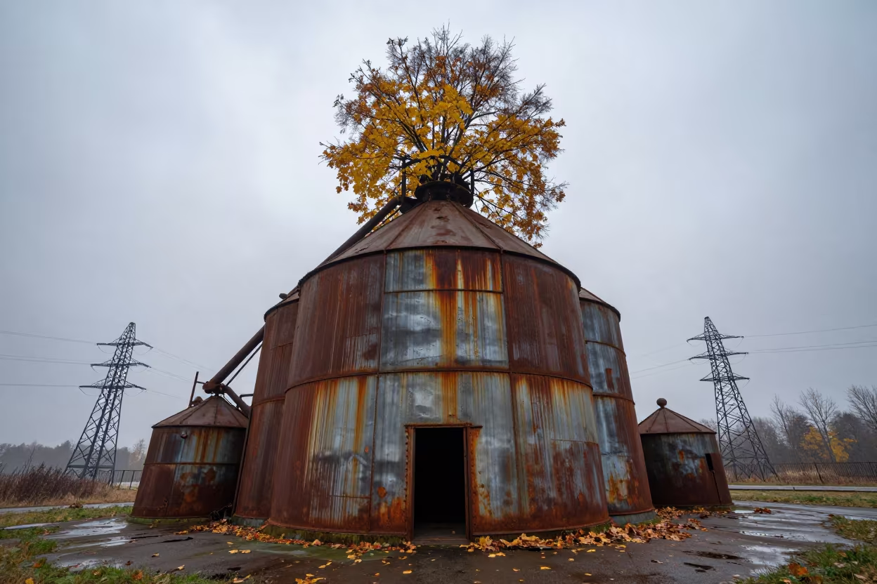 Autumn Silo Tree Under Czech Dawn Mist in under gantries and utility towers in Czech Republic