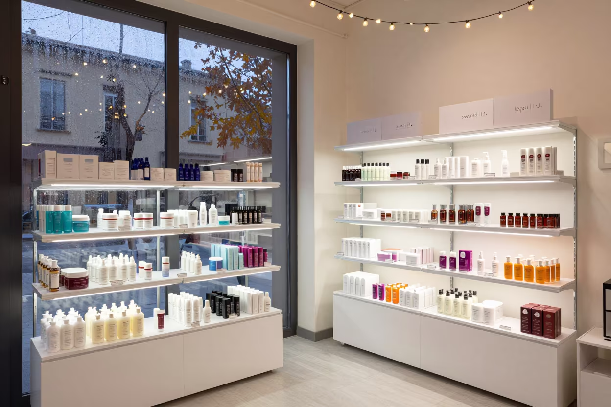 Autumn Skincare Room with String Lights in in a beauty supply area under white LEDs near Reggio Emilia