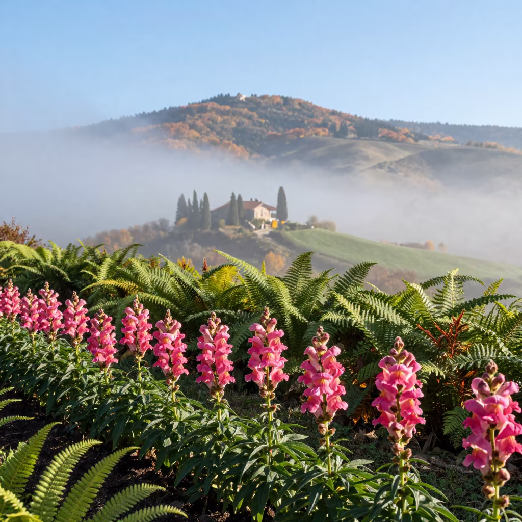 Autumn Snapdragons in Tuscan Mist in on a fern-lined forest floor in Tuscany