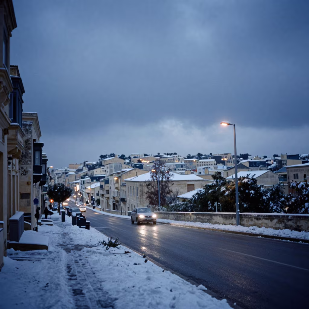 Autumn Snowfall Over Malta Thunderheads Twilight in over a horizon of stacked thunderheads in Malta