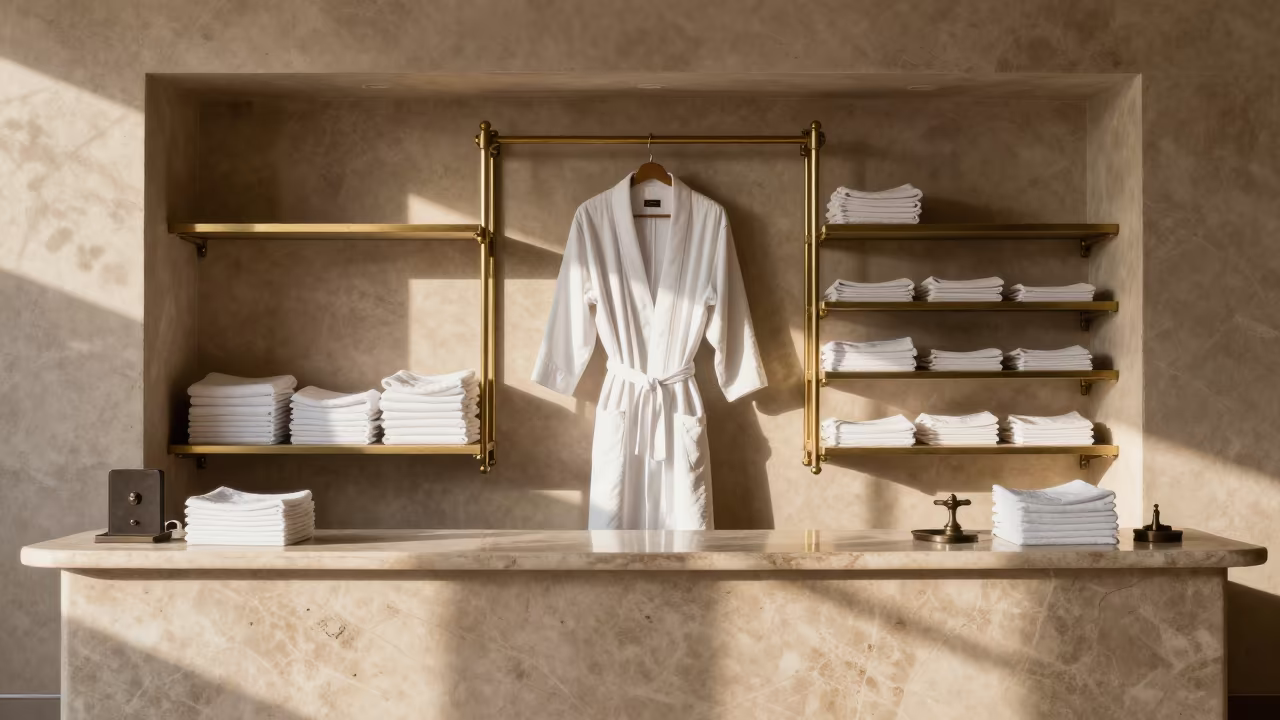 Autumn Spa Robe Warmer with Linens and Brass in inside a spa reception in El Mahalla El Kubra