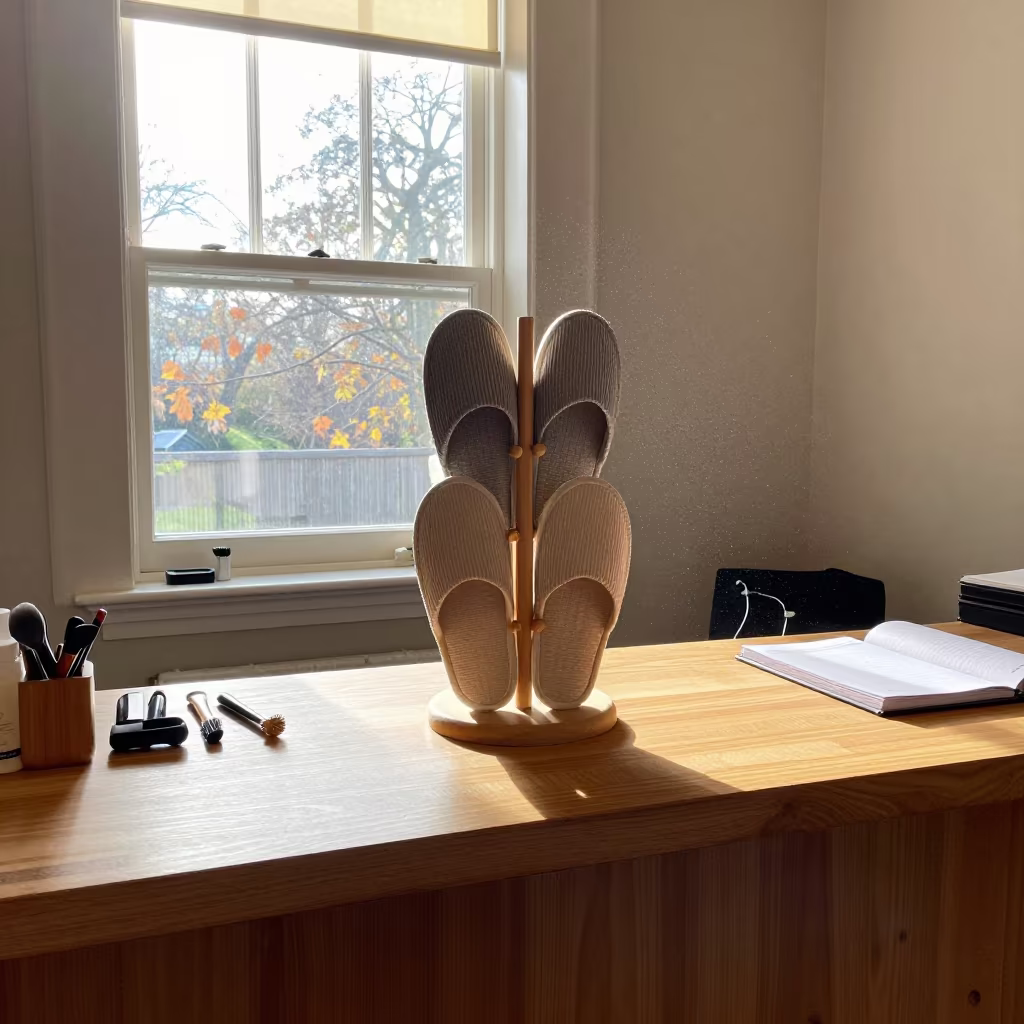 Autumn Spa Slipper Rack at York Salon Counter in at a salon reception counter in York