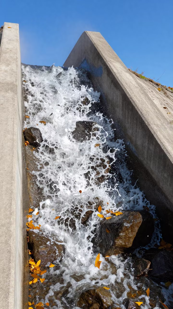 Autumn Spillway Toe Frothing Against Boulders in above a spillway chute with spray rising in Uşak