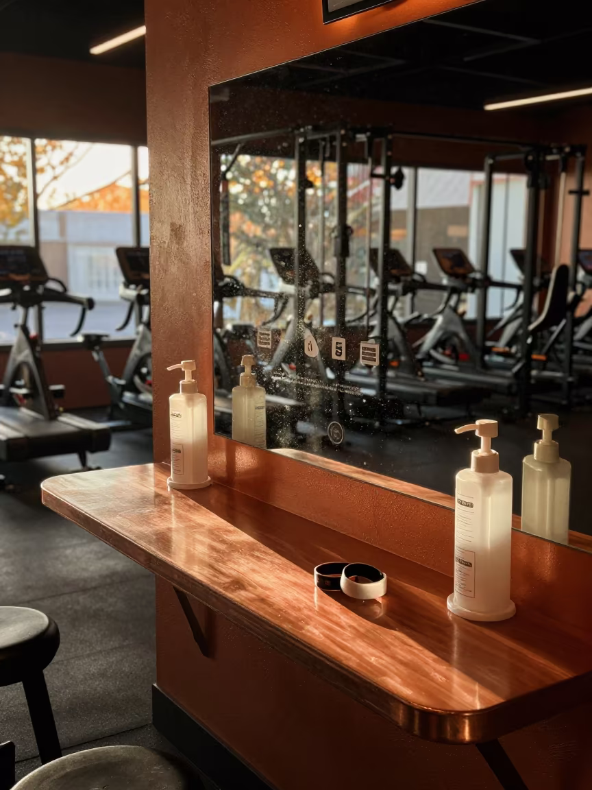 Autumn Spin Studio Check-In Desk with Wristbands in inside a spin studio under class lights near San Antonio