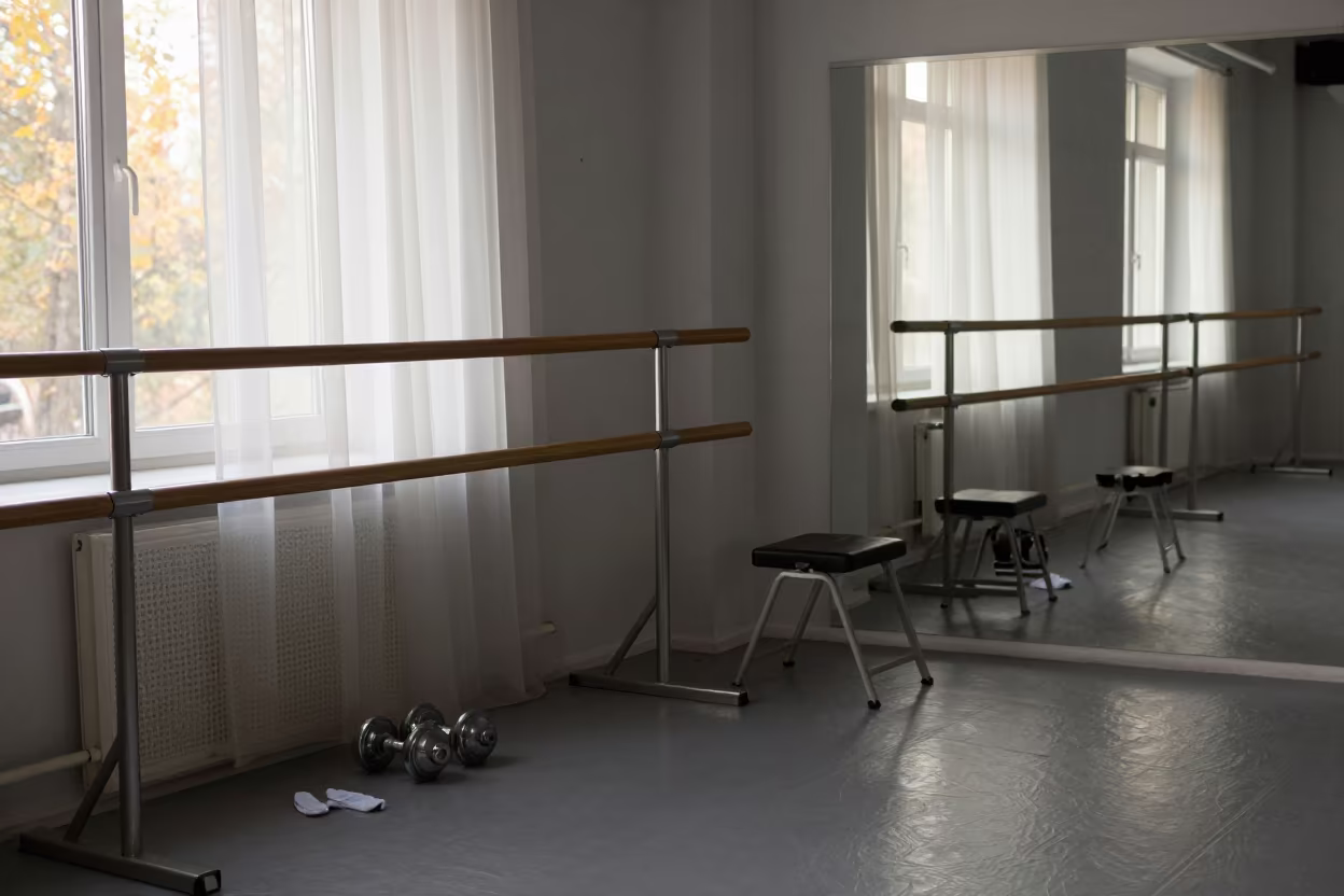 Autumn Spin Studio Morning with Barre Rail in inside a spin studio under class lights in Patriarch Ponds, Moscow