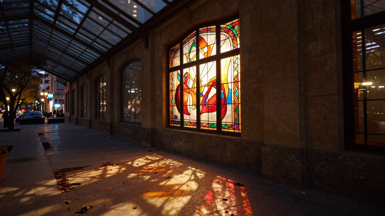 Autumn Stained Glass Light in Tehran Arcade in inside a glass-roofed arcade near Tehran