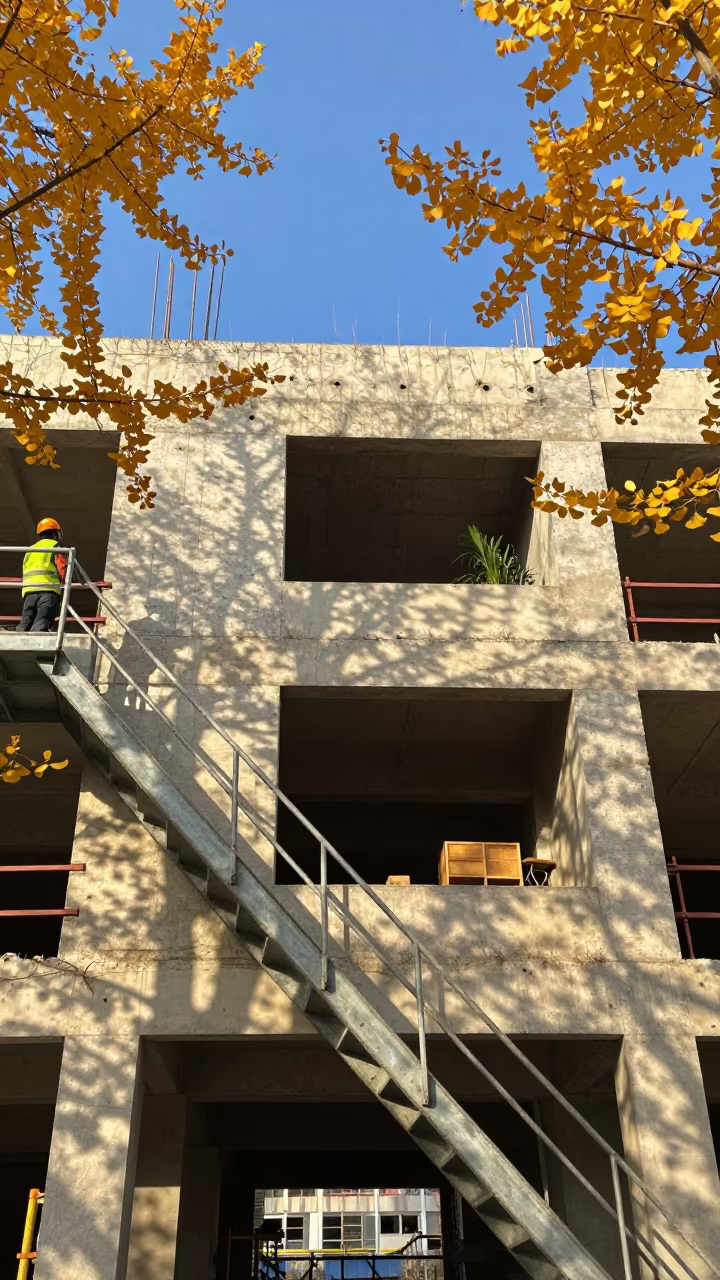 Autumn Staircase Through Open Building Shell in on an active construction deck in Zhengzhou
