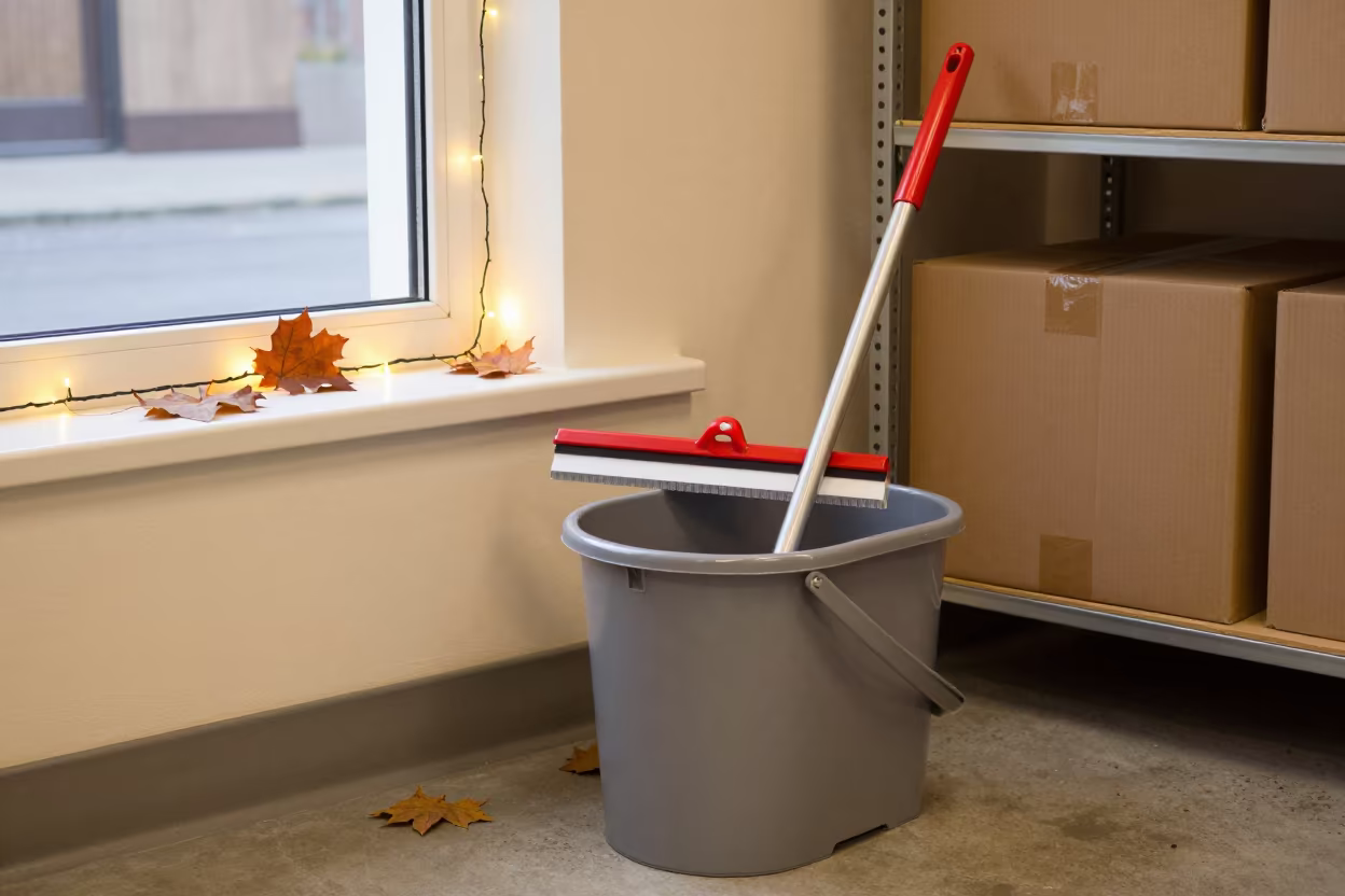 Autumn stockroom bucket with squeegee in Rome in inside a stockroom behind the sales floor in Testaccio, Rome