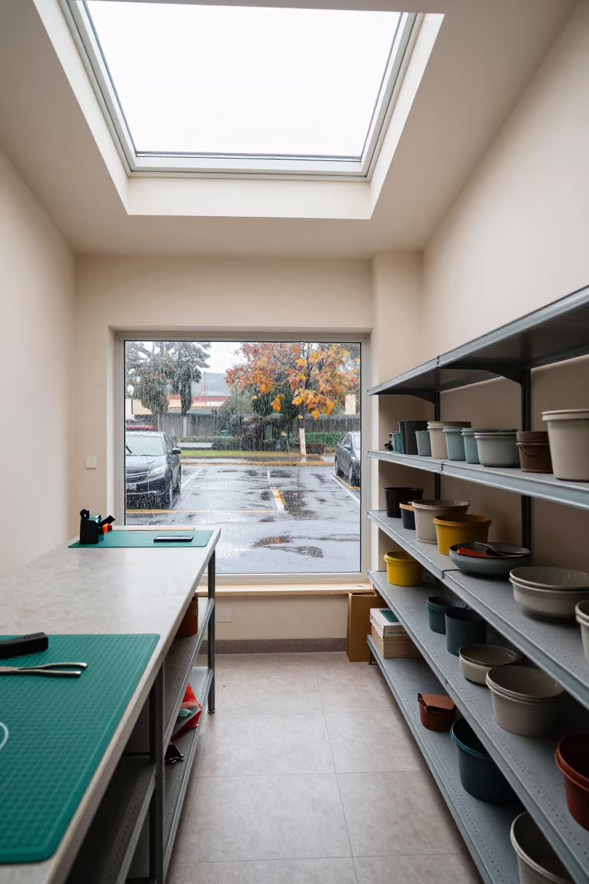 Autumn Stockroom Counter Mat with Rainy Glass in inside a stockroom behind the sales floor in Algiers