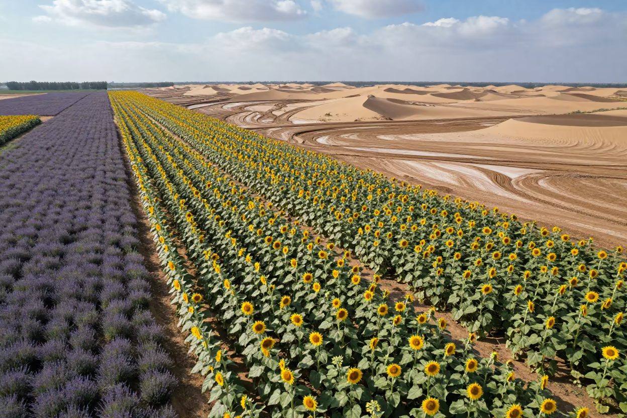 Autumn Sunflower and Lavender Fields Aerial View in above dune fields and dry wadis near Suzhou